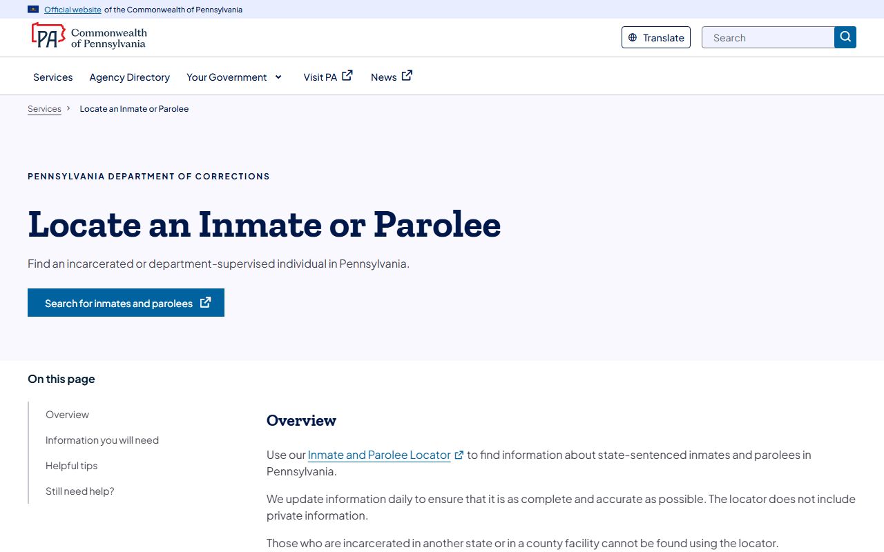 PA DOC locator for Greene County state inmate search