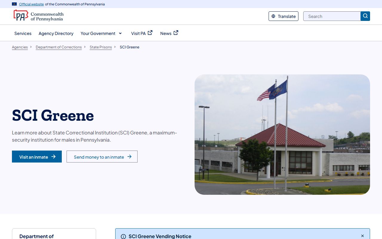 SCI Greene state prison page for Greene County inmate population research